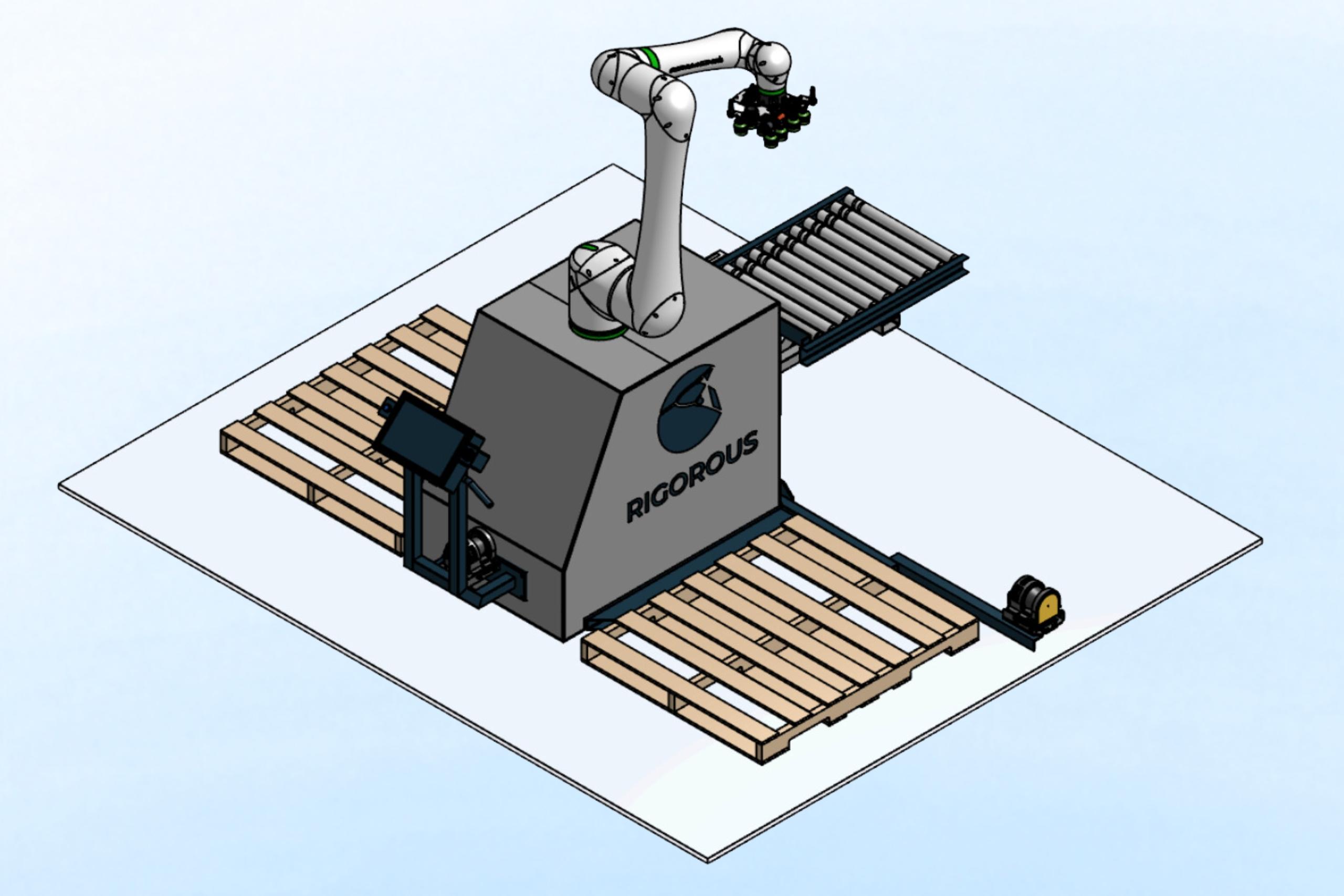 Palletizing cobot on a mobile cart.